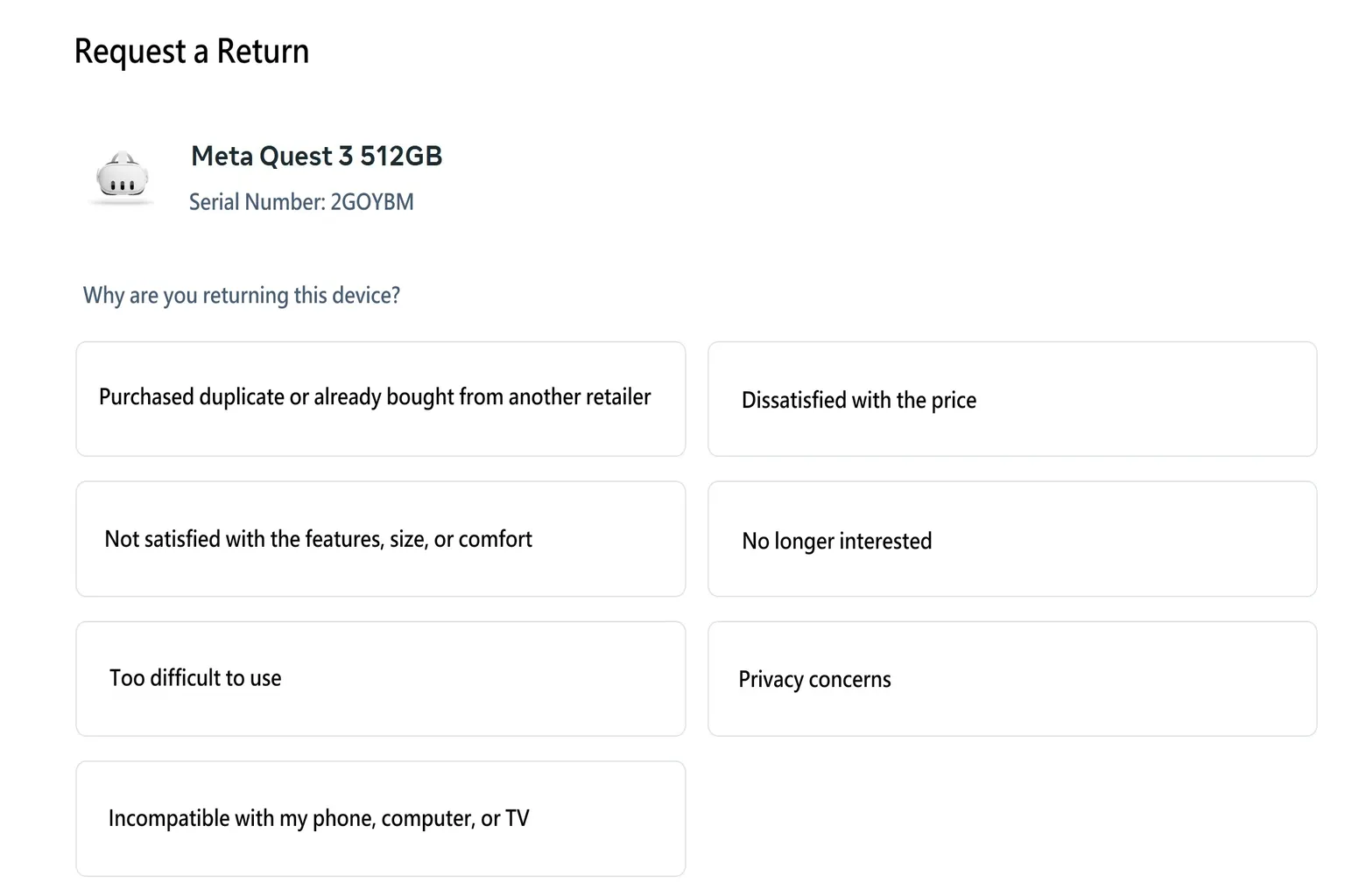 Meta return process screen showing the return reason selection page with eight available options.
