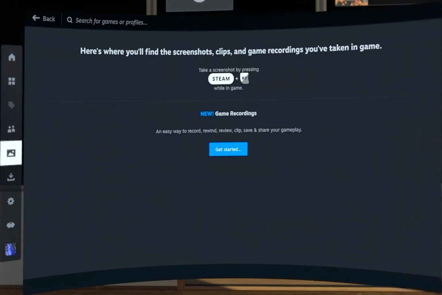 The SteamVR media menu screen explains how to view screenshots and recorded videos captured during gameplay.