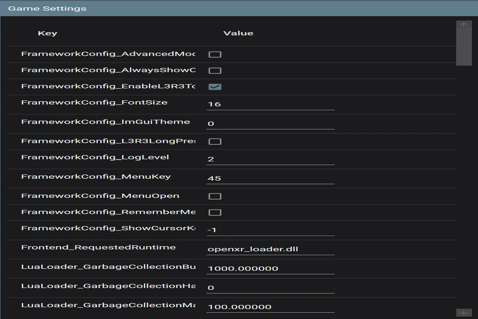 UEVR Game Settings screen displaying core parameters such as garbage collection memory handling and UI interaction options