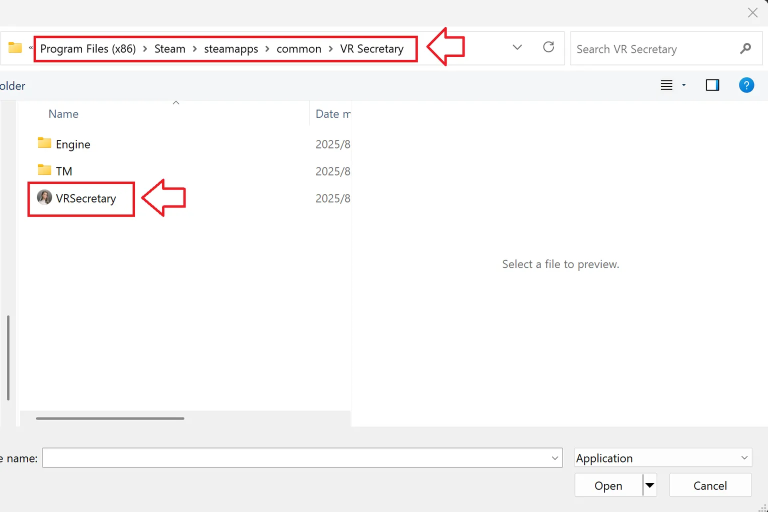 Manually specifying the path to the executable file to register it as a non-Steam game.