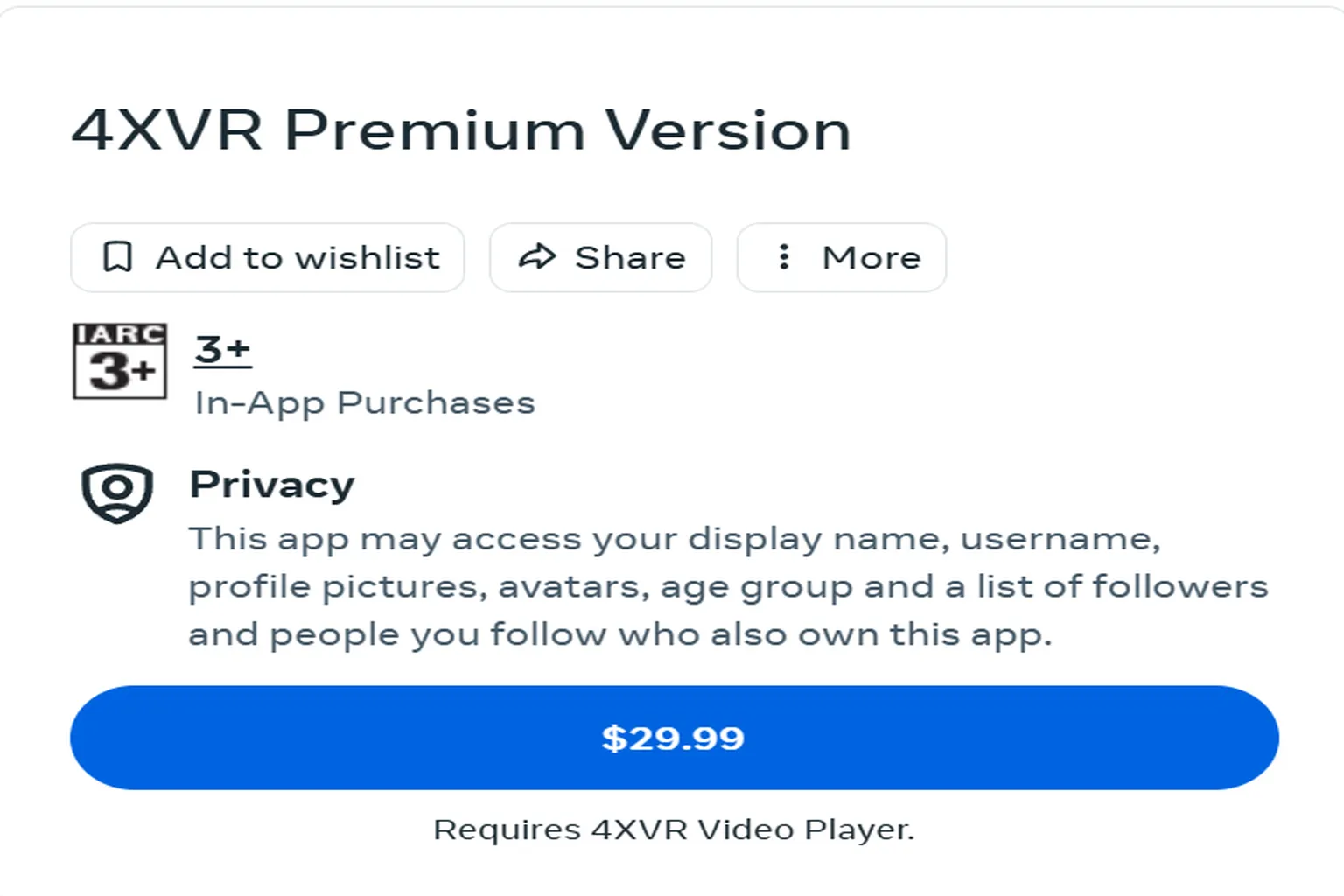 4XVR Premium Version in-app purchase priced at $29.99