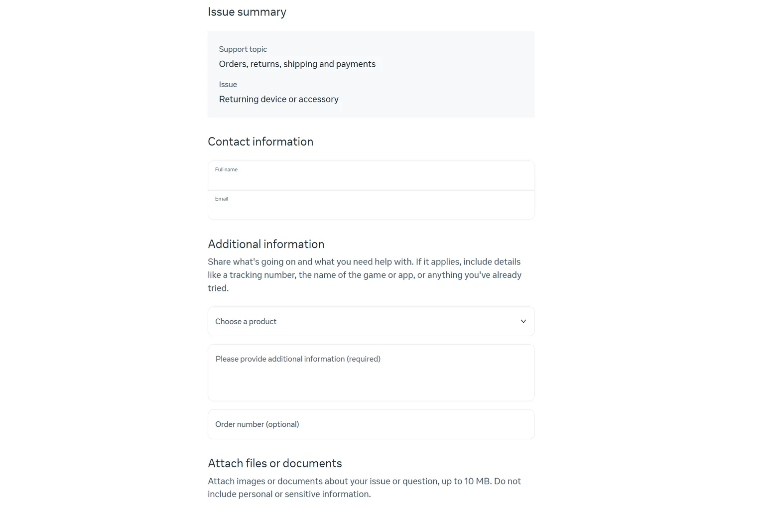 Meta return form where you enter your name and return address, requesting contact information details.