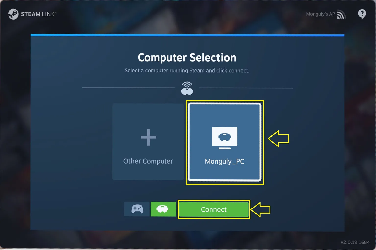 When the name of the connected PC appears in Steam Link, press the green button to confirm pairing and finalize the connection.