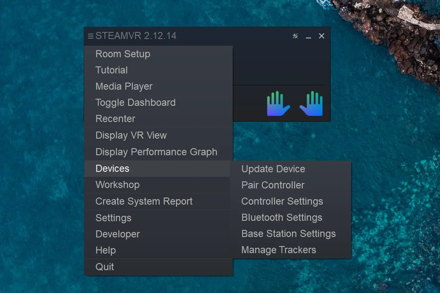 In the SteamVR device settings menu, you can access sub-menus for controller pairing, Bluetooth management, and tracker configuration.