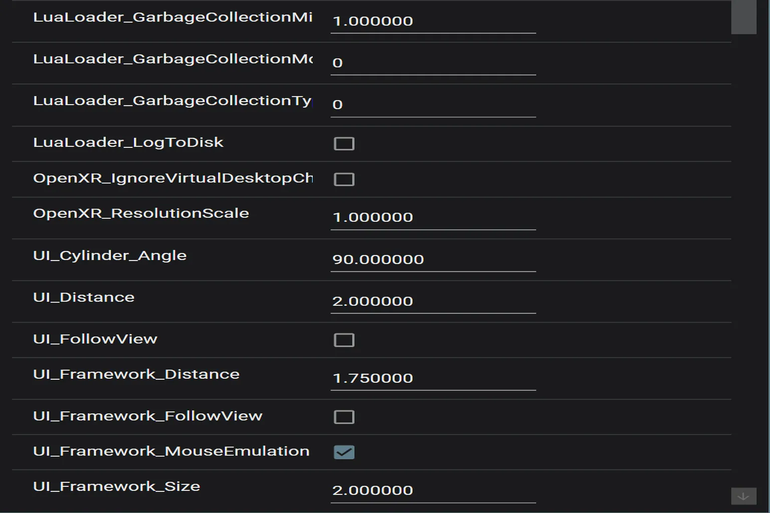 UEVR advanced settings screen showing UI Framework interaction distance and mouse emulation on or off options