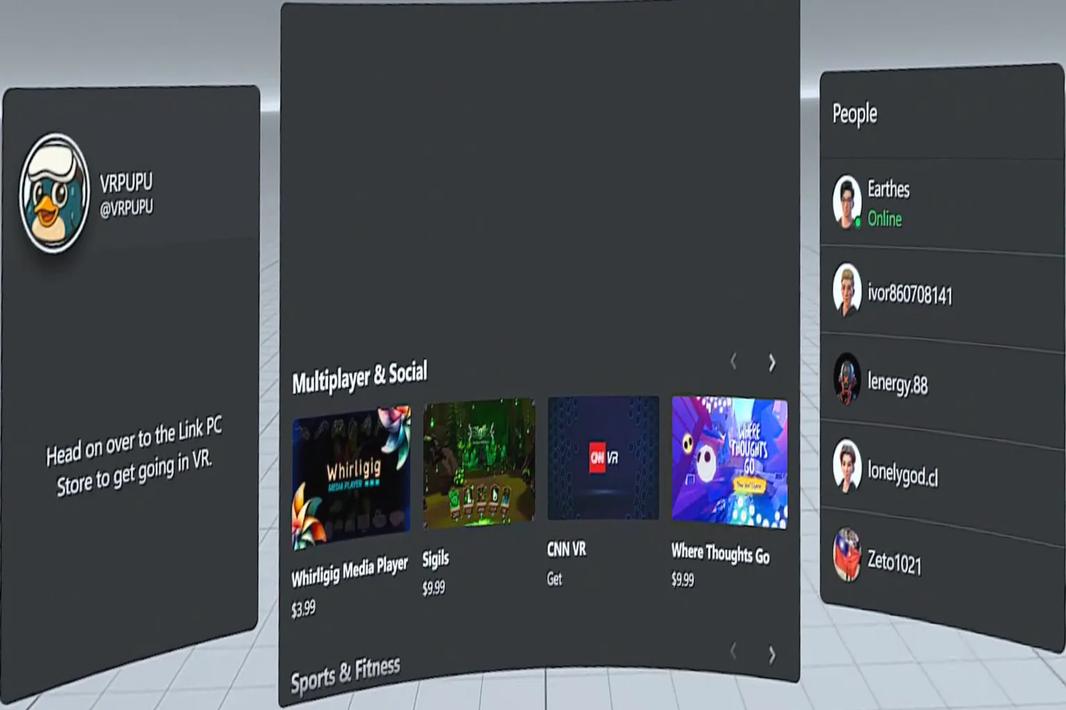 Explore page showing the user account and recommended games while in Air Link mode.