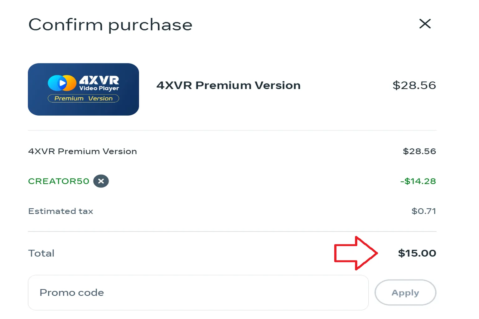 CREATOR50 discount code automatically applied, reducing the 4XVR Premium Version checkout price to $15
