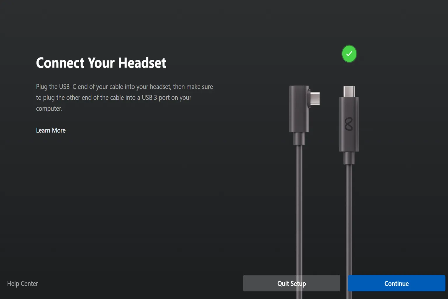 USB-C cable connected from the Quest headset to a PC USB 3 port] [Alt Text: Meta Link cable test screen checking whether the cable supports high-speed connection