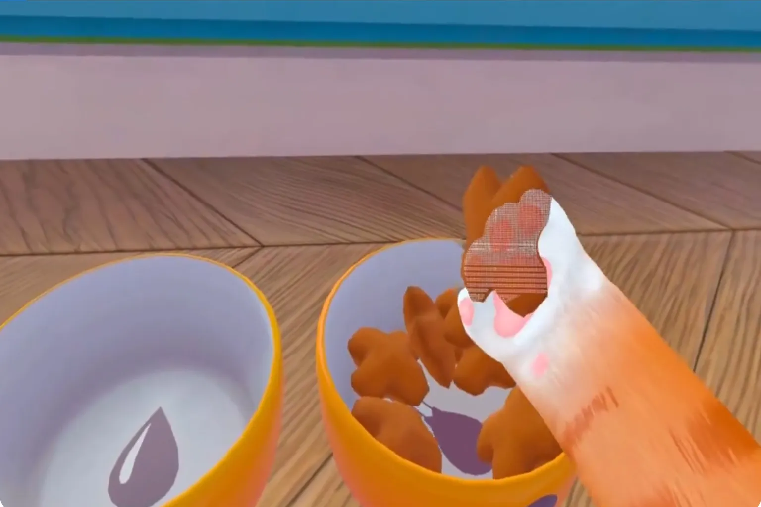 The cat picks up a piece of cat food and compares the food bowl and water bowl, as if carefully choosing today’s meal.