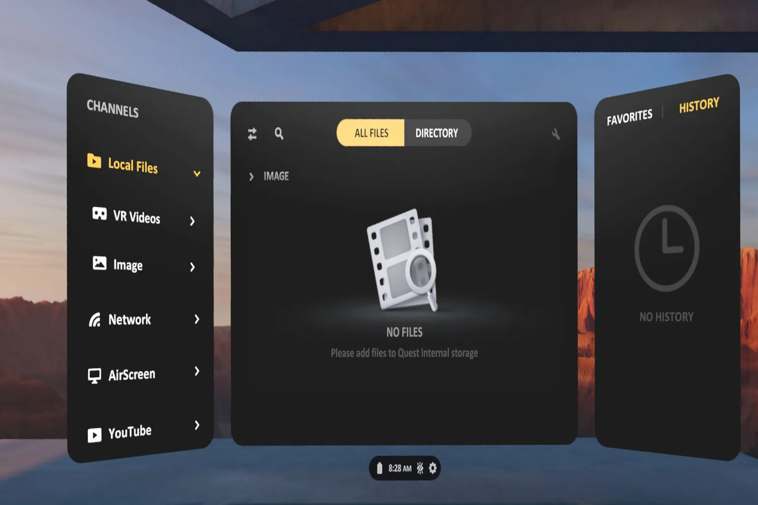 SKYBOX video browsing screen on Meta Quest, where videos can be selected from local folders.