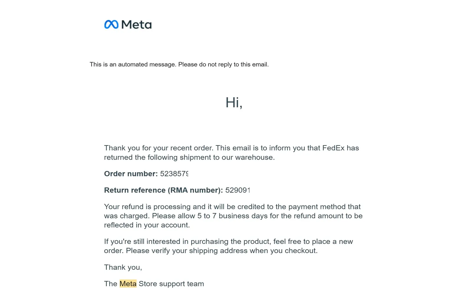 Email notification from Meta confirming the return has been received and the refund process has started.