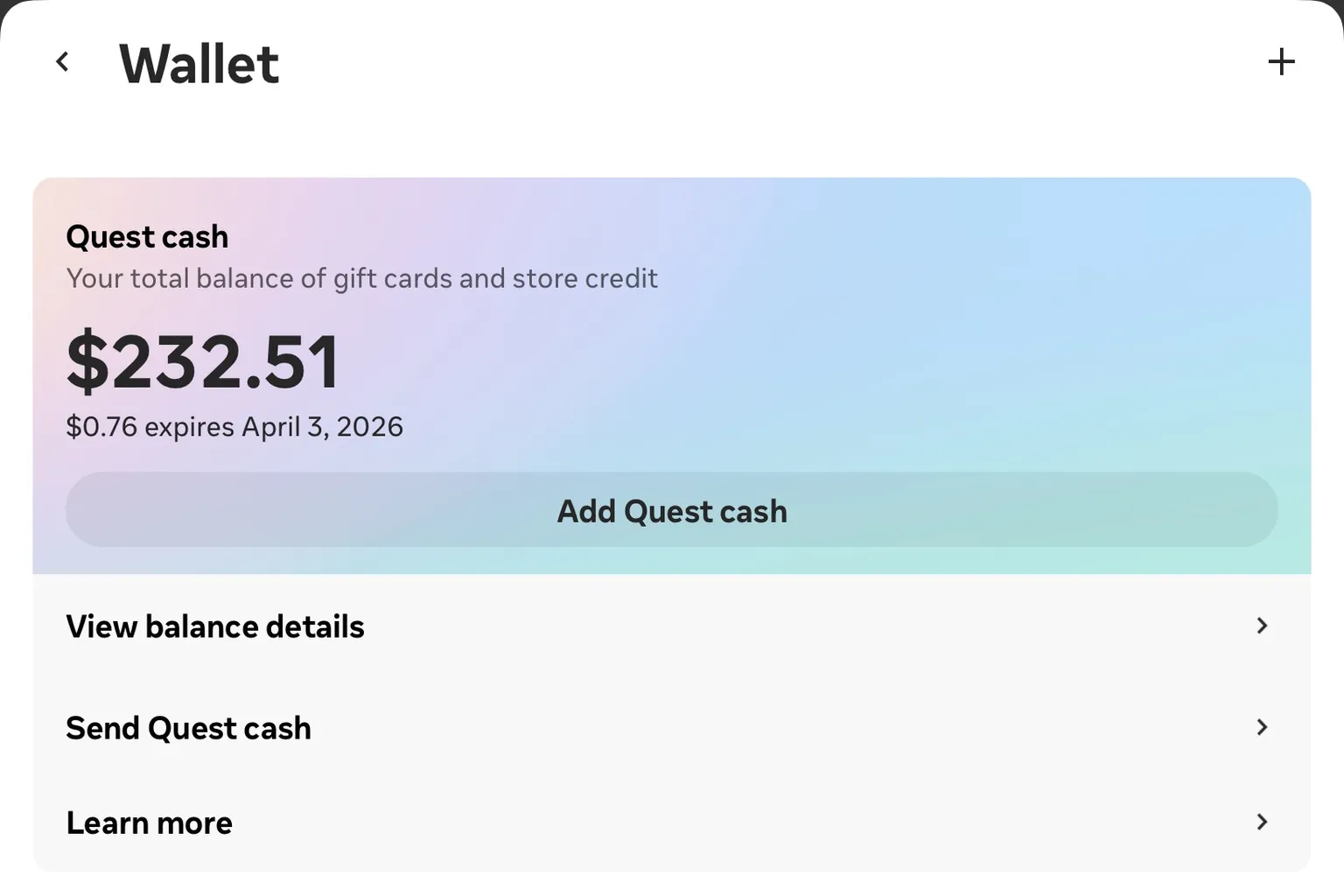 In the Meta Horizon app’s digital wallet screen, you can see the current amount of Quest Cash remaining on your account.