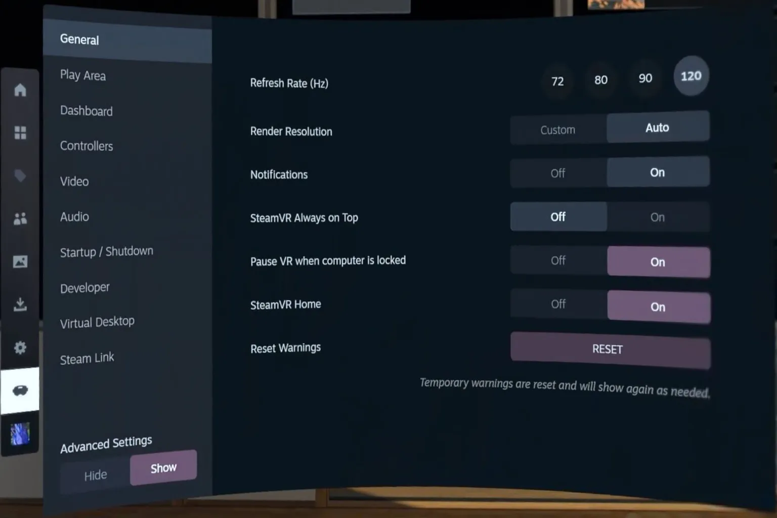 Within SteamVR settings, the VR options section displays entries for SteamVR itself, connected VR devices, and video settings.