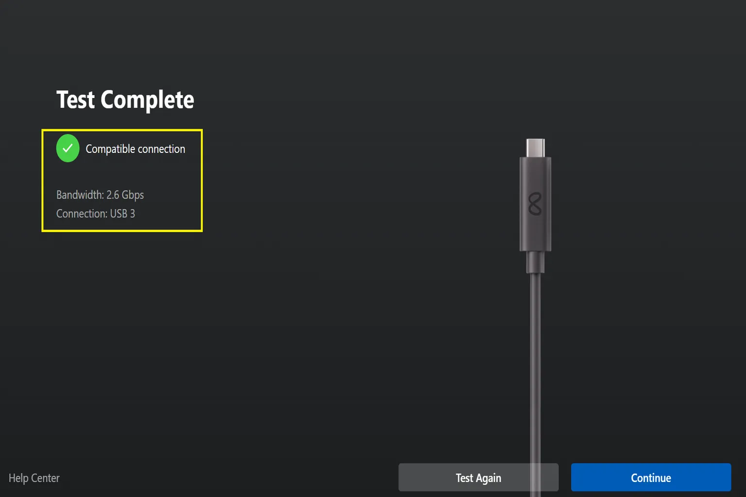 Link cable test result showing Compatible with 2.3 Gbps bandwidth over USB 3 connection