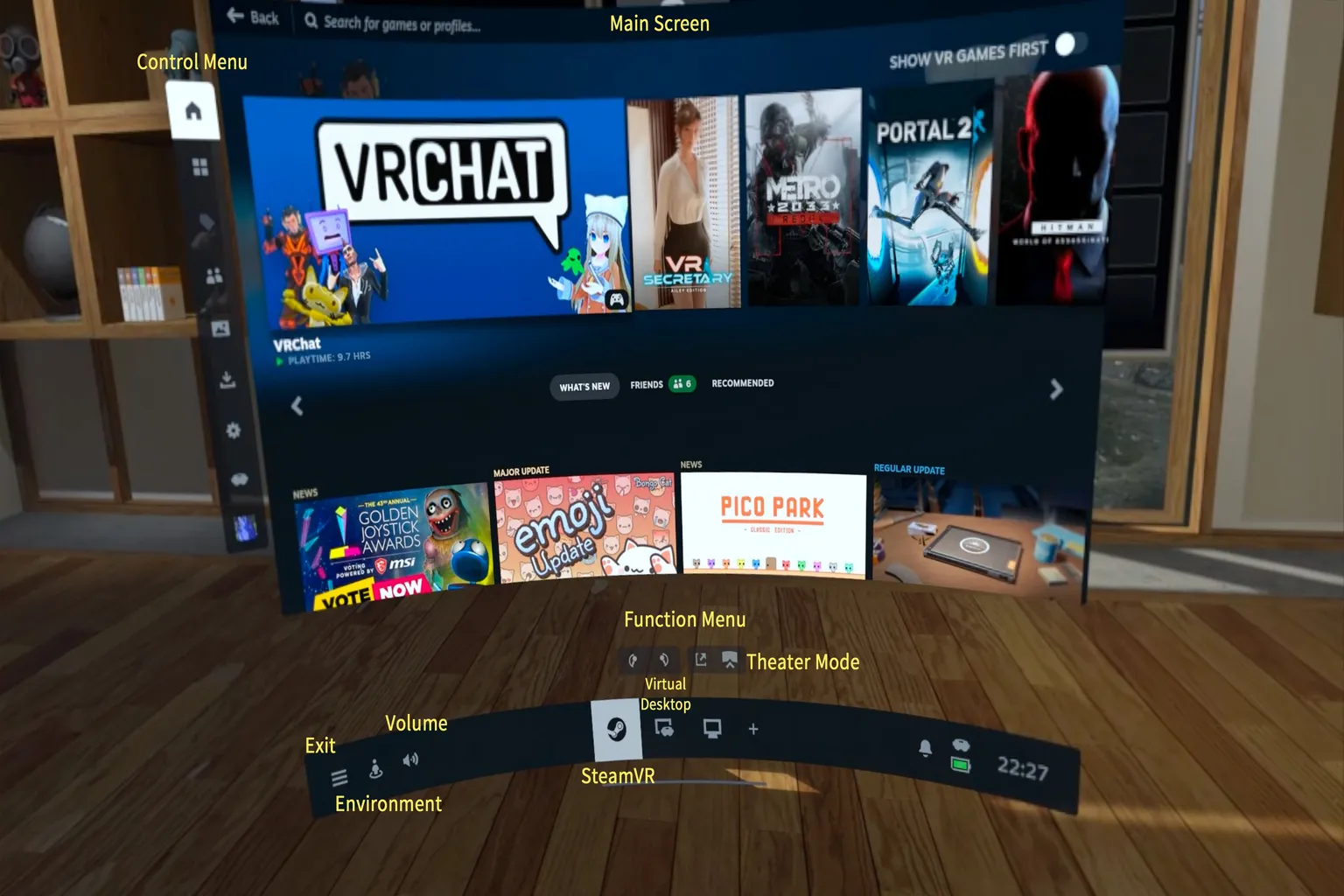 On the SteamVR home menu screen, you’ll see cover art for recently played titles, including apps like VR Secretary.