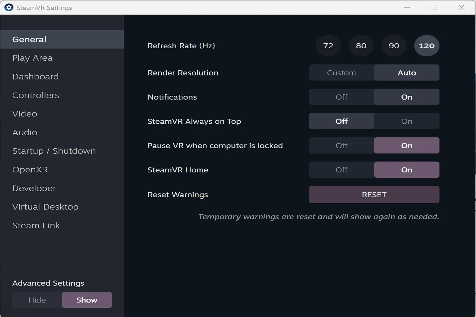 In the general settings screen, you can adjust options like refresh rate, always-on-top behavior, and automatic launch of the SteamVR Home environment.