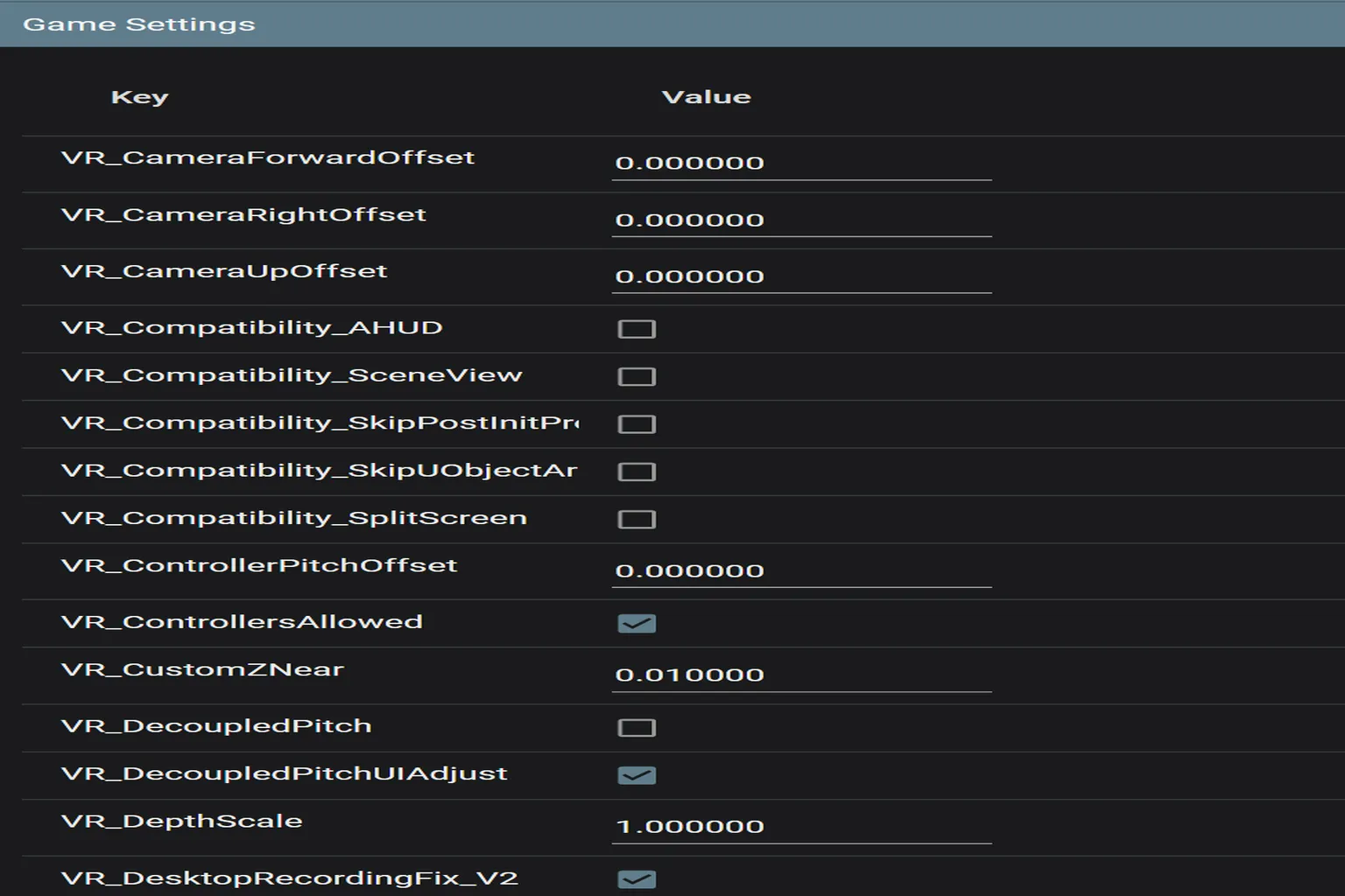 UEVR advanced feature settings screen with options to disable HDR, toggle HZB occlusion, and enable or disable the GUI