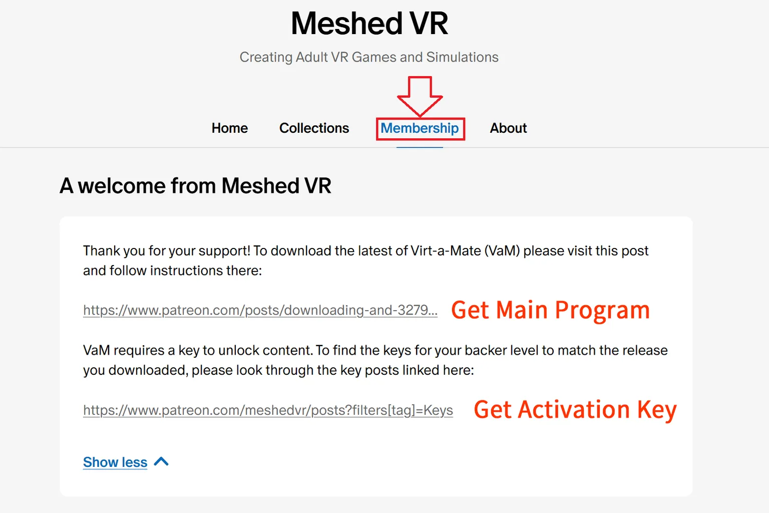 After logging in, go to the MeshedVR Patreon page and click Install instructions to open the download guide page.