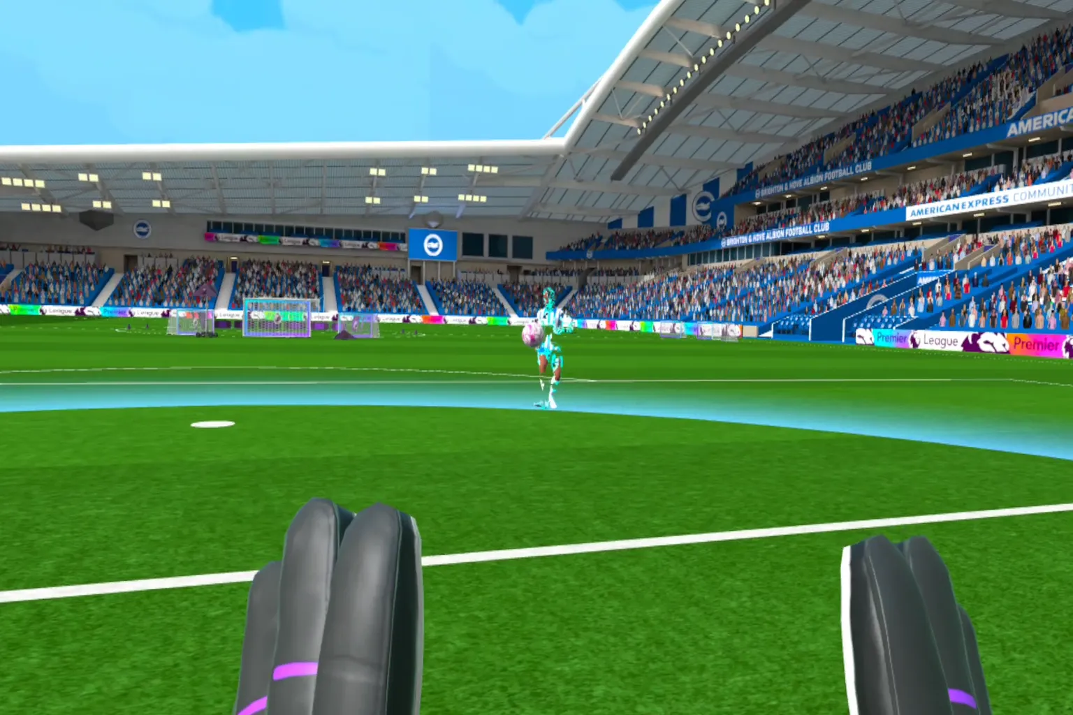 From the player’s perspective, you move toward an opponent controlling the ball. The stadium is packed with spectators during a live match.
