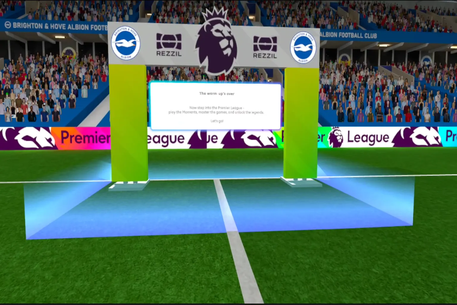 After finishing warm-up, the player walks through a gate marked “Premier League” and heads into the real match.