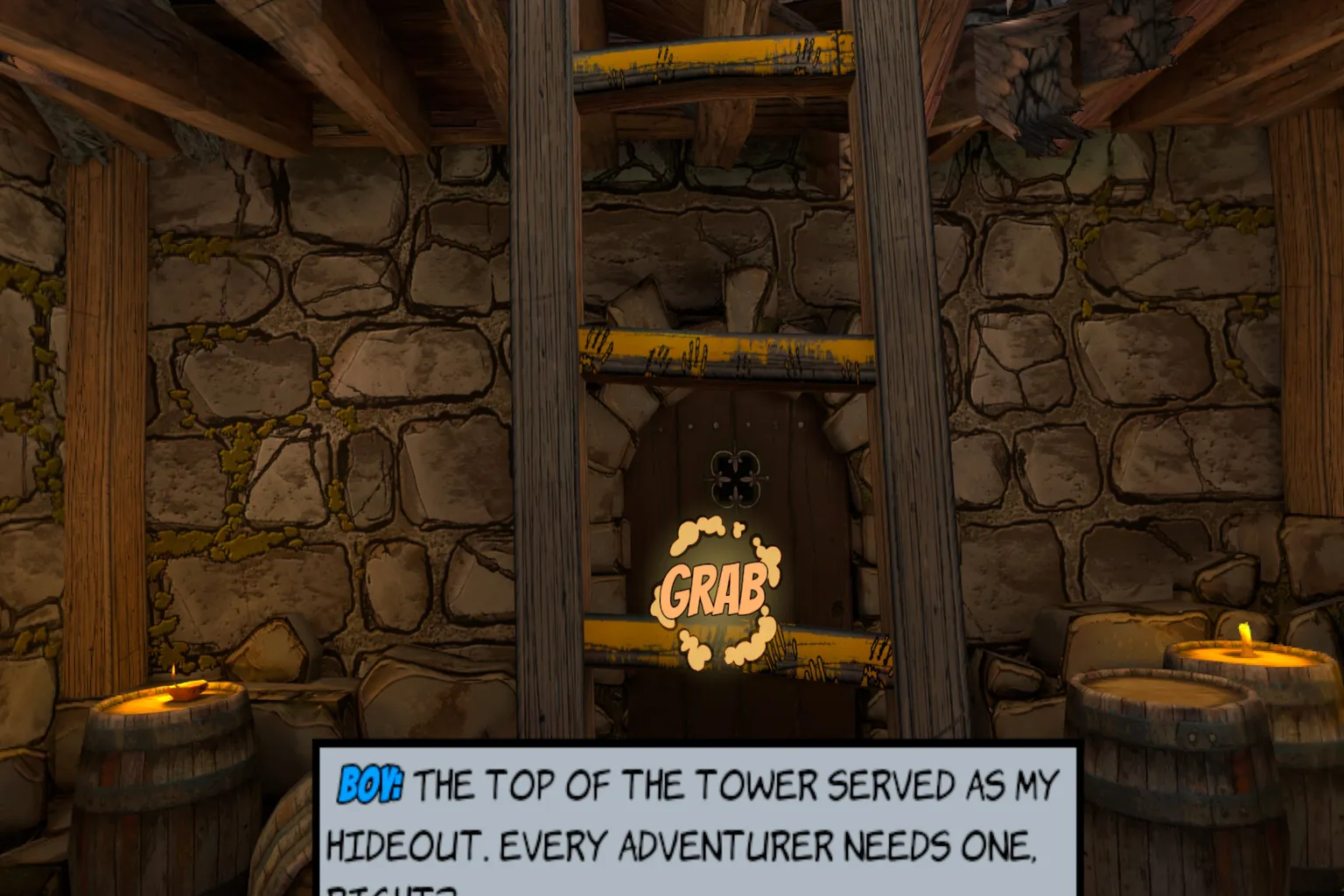 Scene of the player climbing a wooden ladder. The ladder leans against a stone wall, sunlight streams in, and grassland and buildings are visible outside.