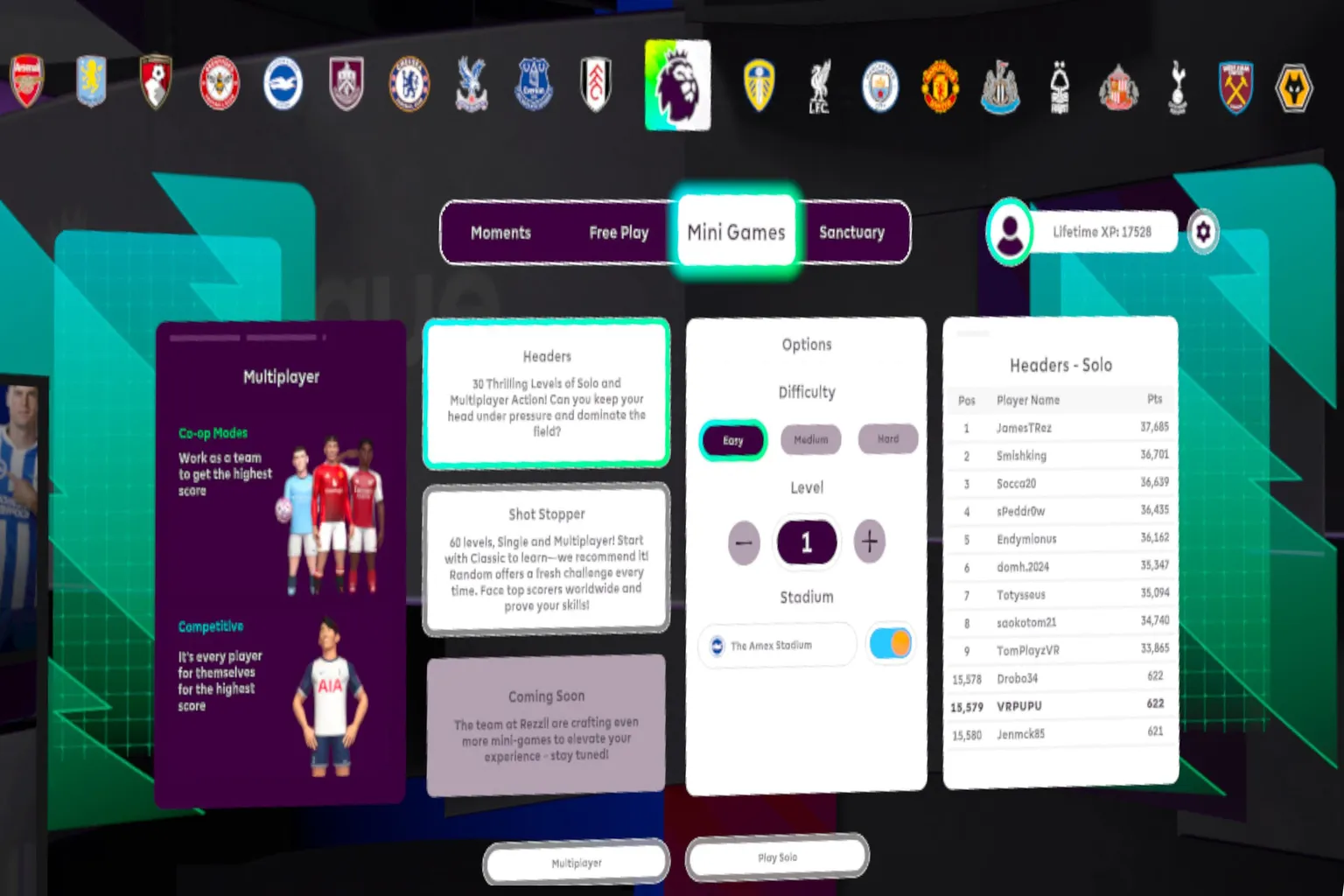 On the main menu screen, modes like Moments, Free Play, Challenge, and unlockable content are lined up.