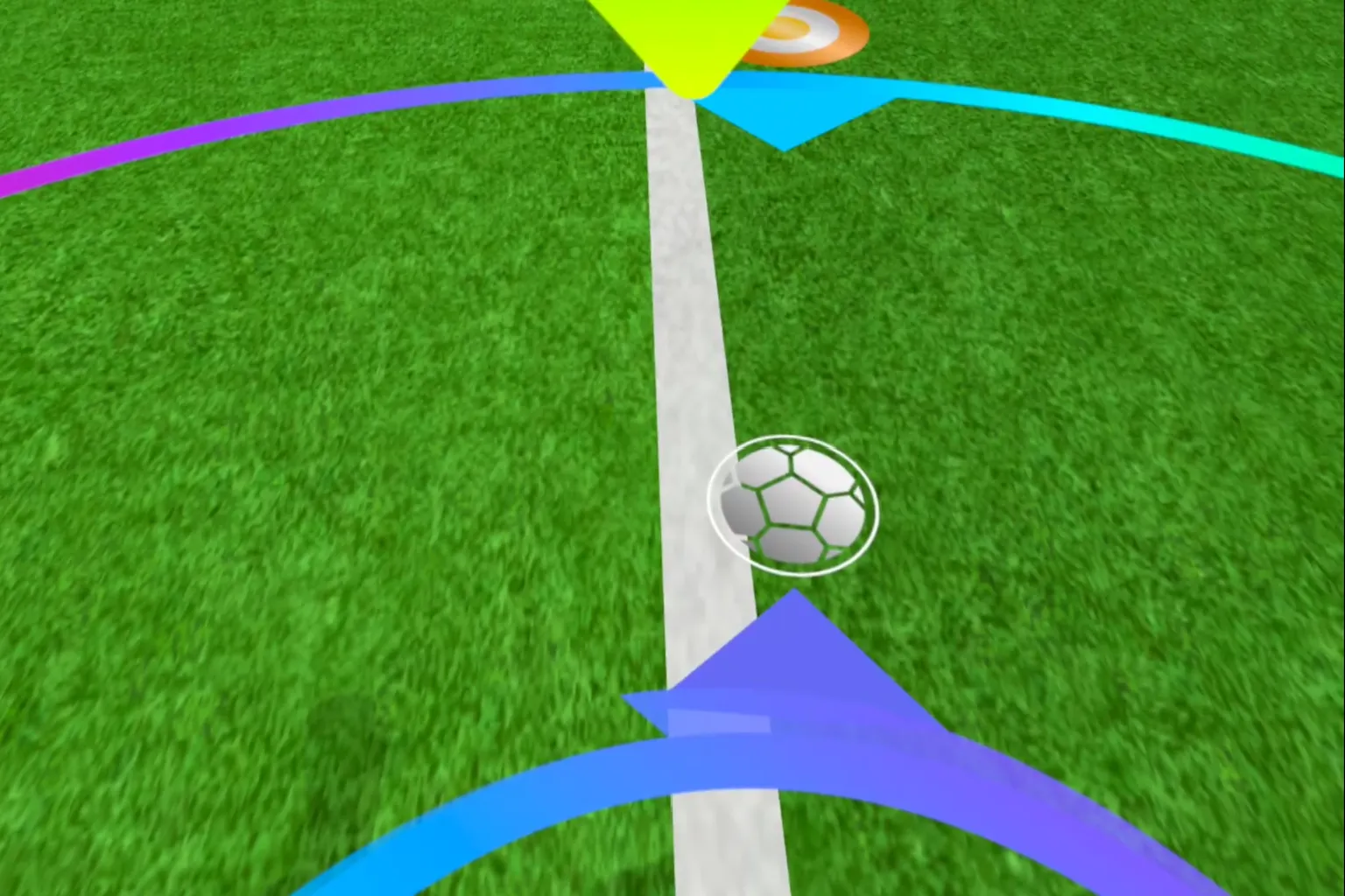 Arrows and white lines on the ground show the shot direction and landing spot. Aim carefully and strike the ball with precision.