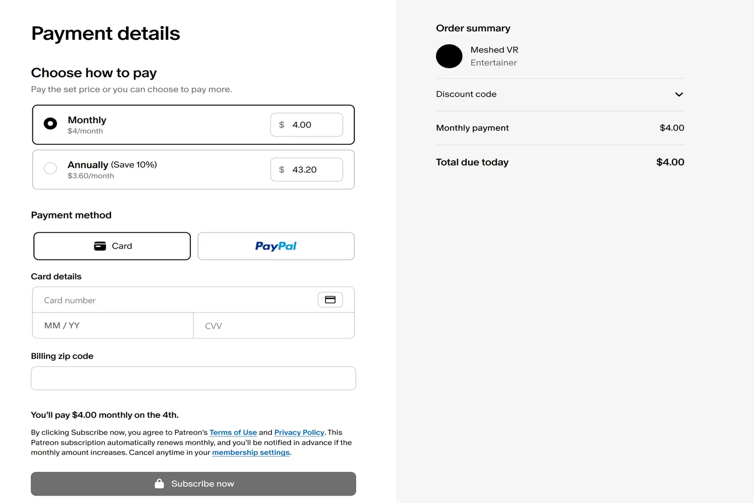 On the Patreon subscription screen for the VAM Teaser plan, select the $2 monthly payment option. The page shows that the first billing period is free today, along with MasterCard payment details.