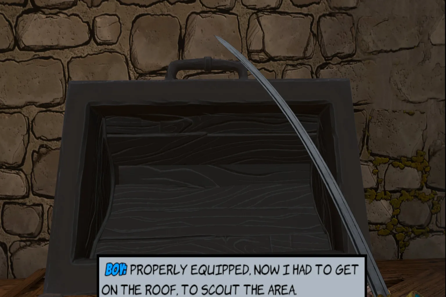 The player’s hand grips a wooden sword and is just about to pull a weapon out of a treasure chest. The chest behind it is packed with gold and valuables.