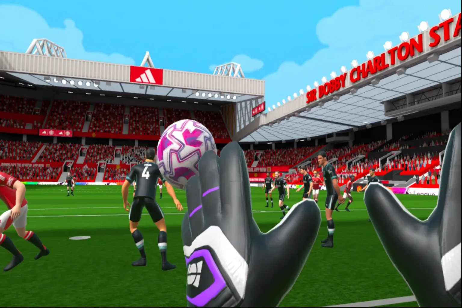 A player wearing gloves reaches out to stop a ball flying through the air, with a stadium packed full of spectators in the background.