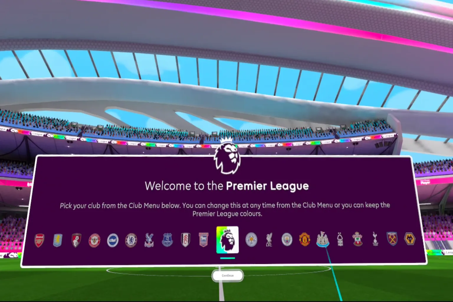 On the initial screen, the player selects a Premier League team. The club crests are neatly lined up across the display.