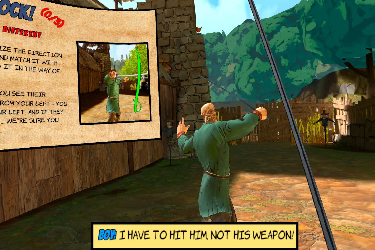 A close-up scene shows the player perfectly intercepting an enemy strike, blades colliding as sparks fly on impact.