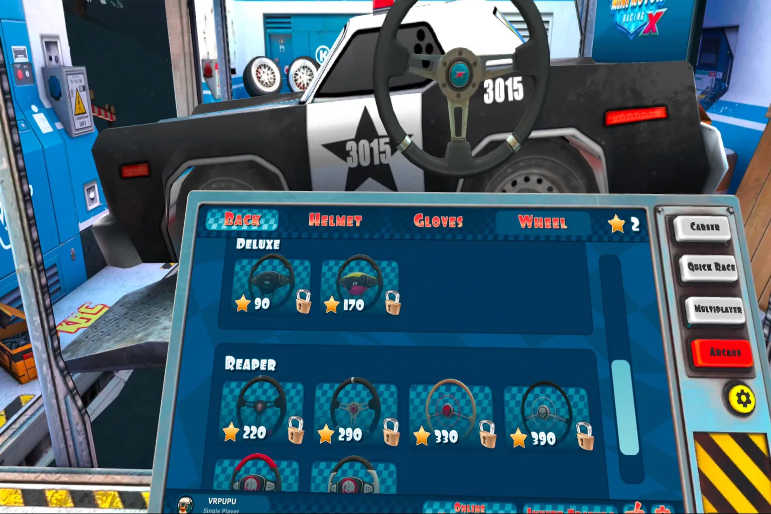 Garage customization screen showing multiple steering wheels that can be unlocked and swapped.