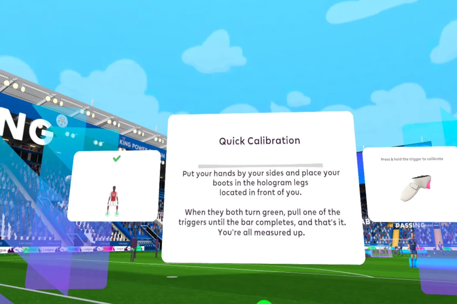 Step calibration screen prompts players to align their feet inside holographic leg markers for quick setup.