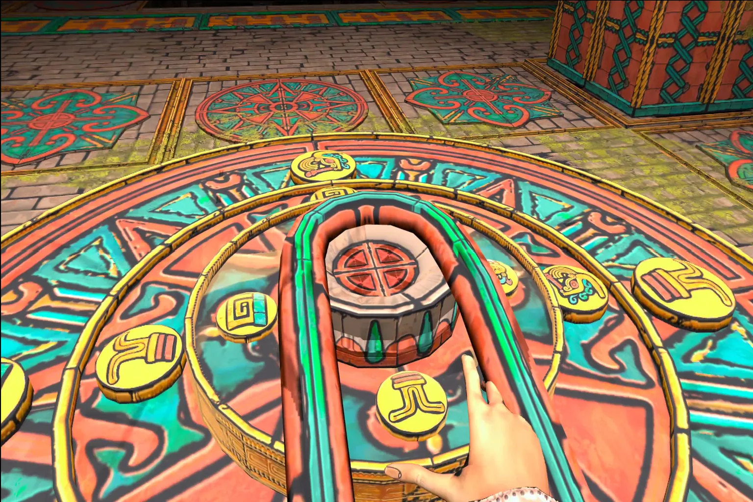 The player interacts with a mechanism while solving a puzzle, attempting to activate or decipher an ancient rune device.