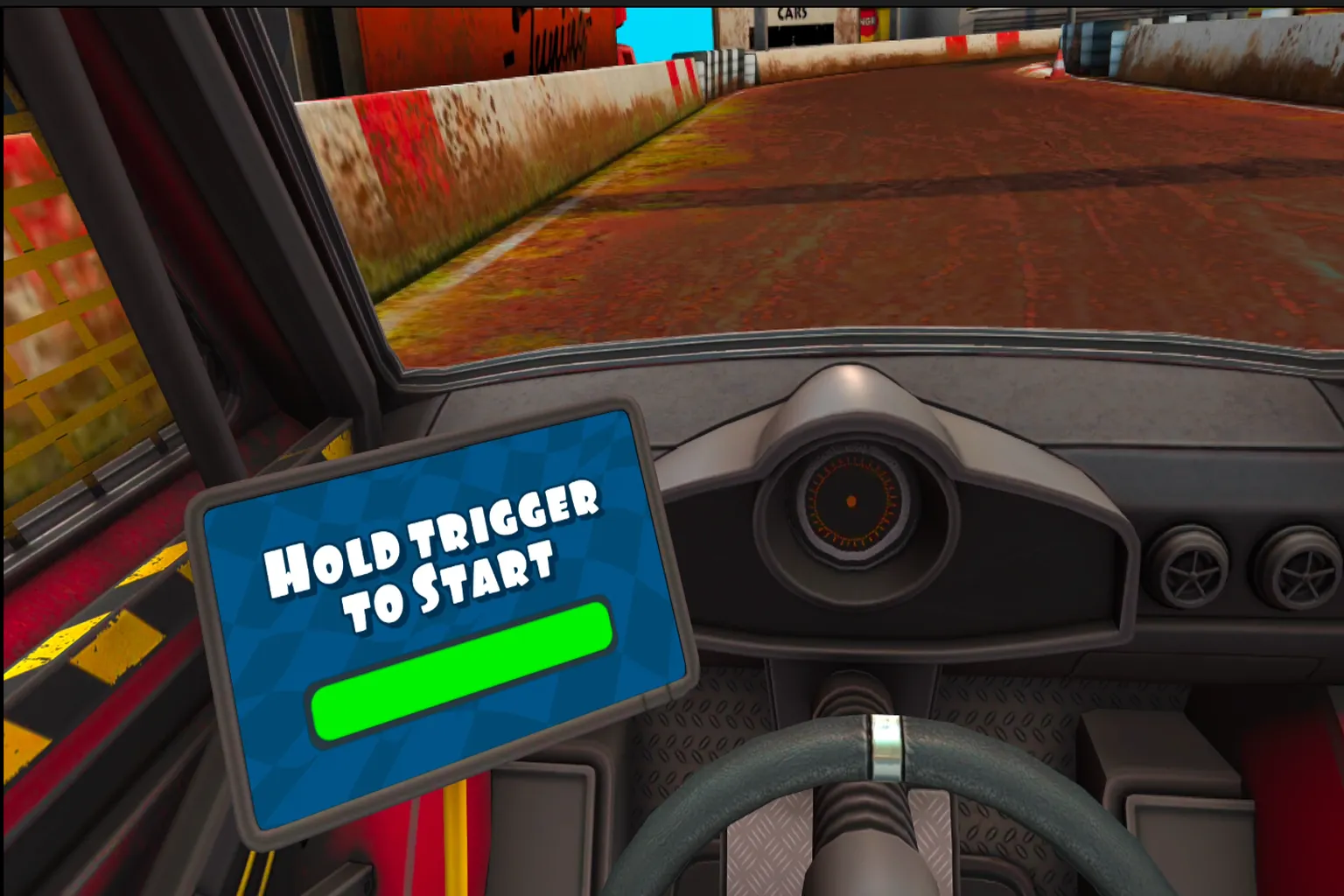 Pre-race instruction screen displaying “Hold the trigger to start the race.”