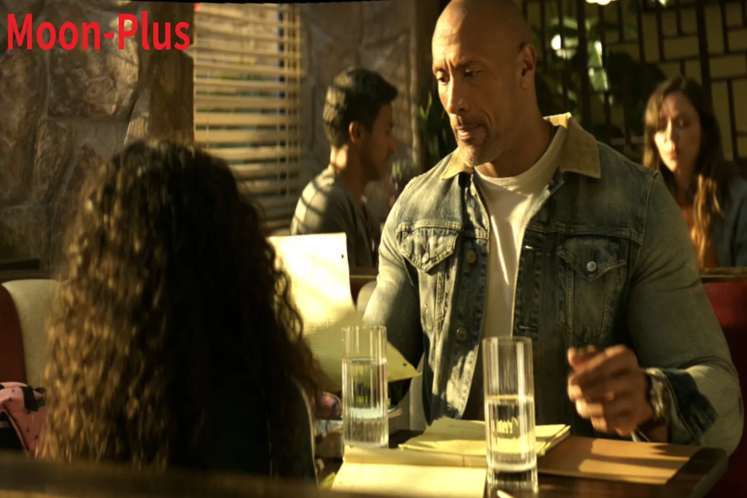 Playing a Fast & Furious Presents: Hobbs & Shaw scene in Moon VR Player, where Plus mode shows richer colors and brighter, more natural-looking skin tones.
