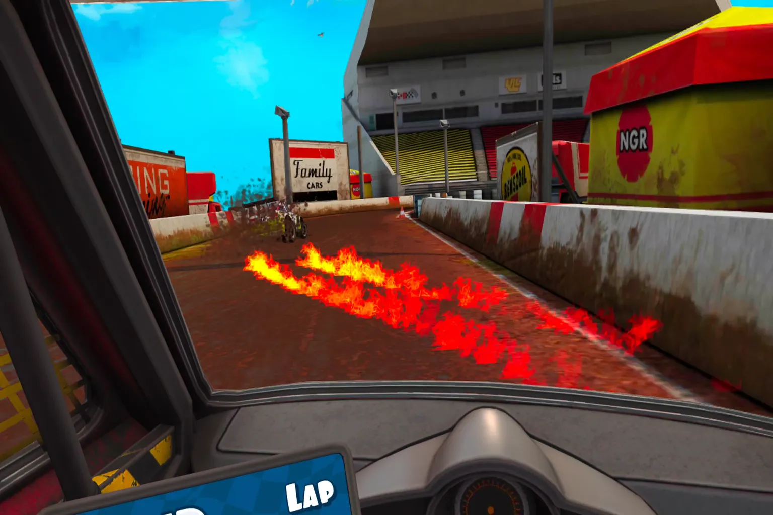 Car launch scene with flames bursting from the exhaust, leaving a fiery trail on the ground on a curved circuit.