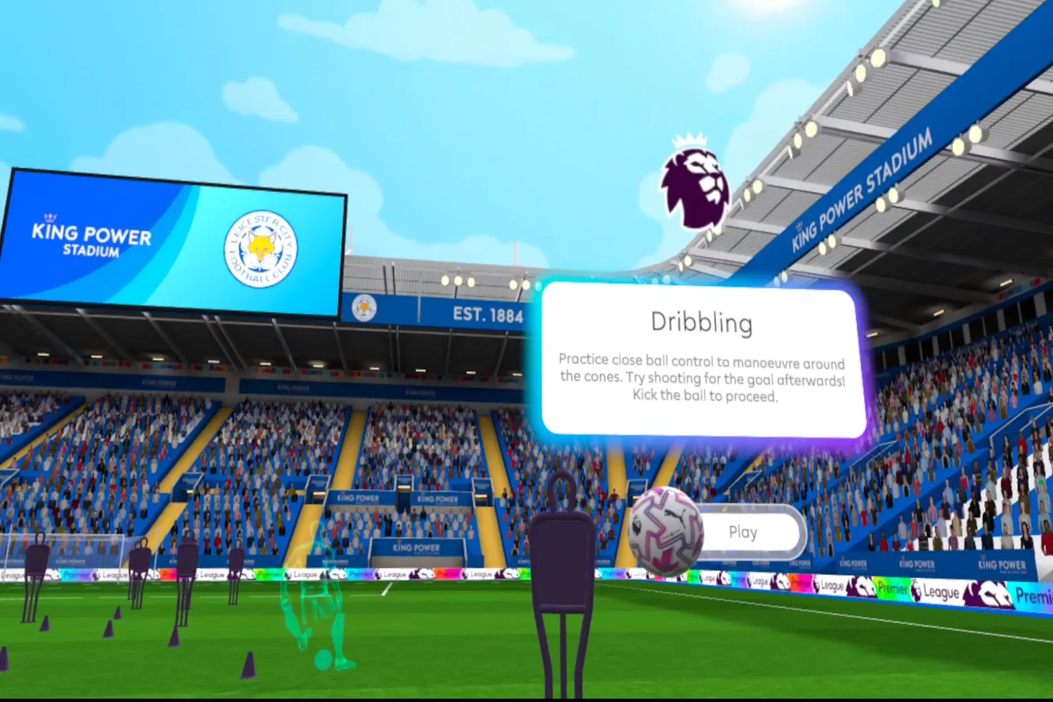 This is the dribble mode tutorial screen. It shows how to move past dummies and line up a shot.
