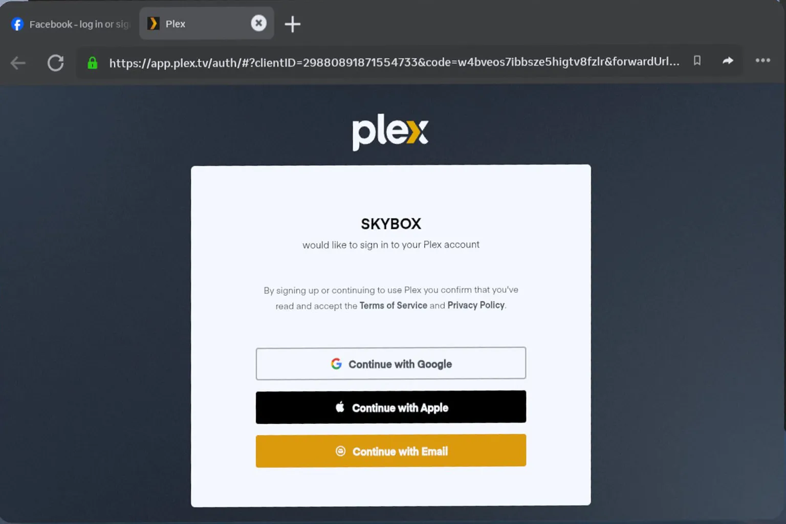 Plex supports login using Google, Apple, or an email address