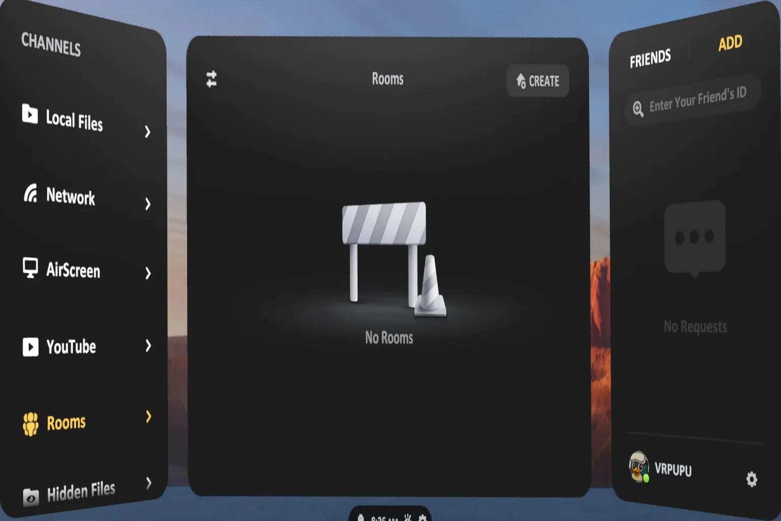 In the SKYBOX main menu, the Room feature lets you create a room and invite friends to join.