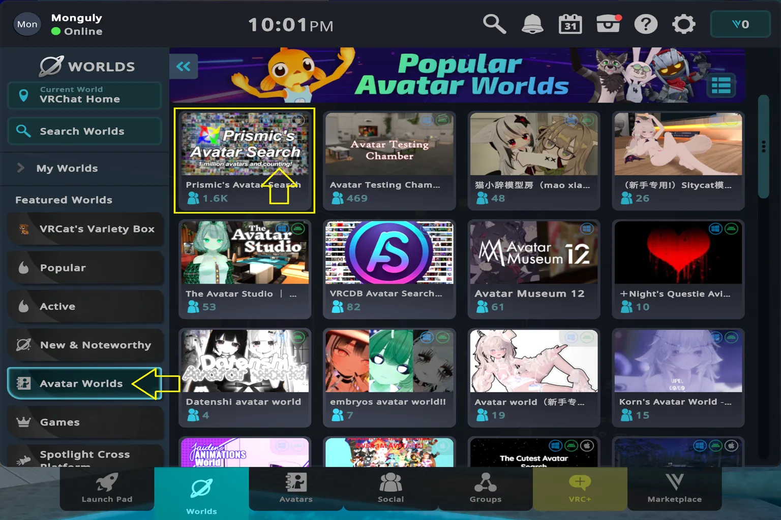 VRChat world list showing multiple avatar-related rooms, including Prismic’s Avatar Search and other avatar worlds