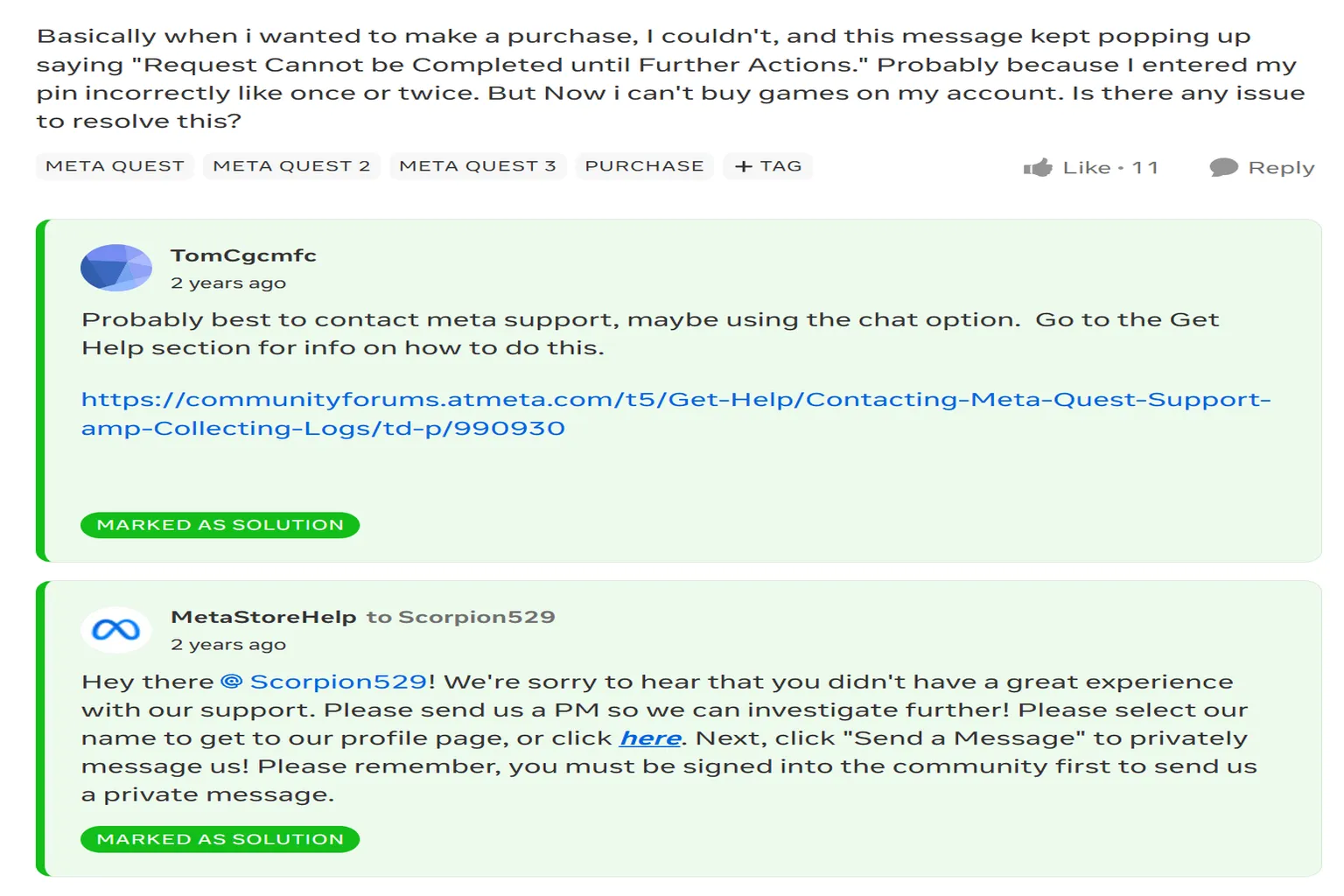 On the Meta official forum, a player asks why purchases are blocked, while support replies only with template links and a request for private contact.