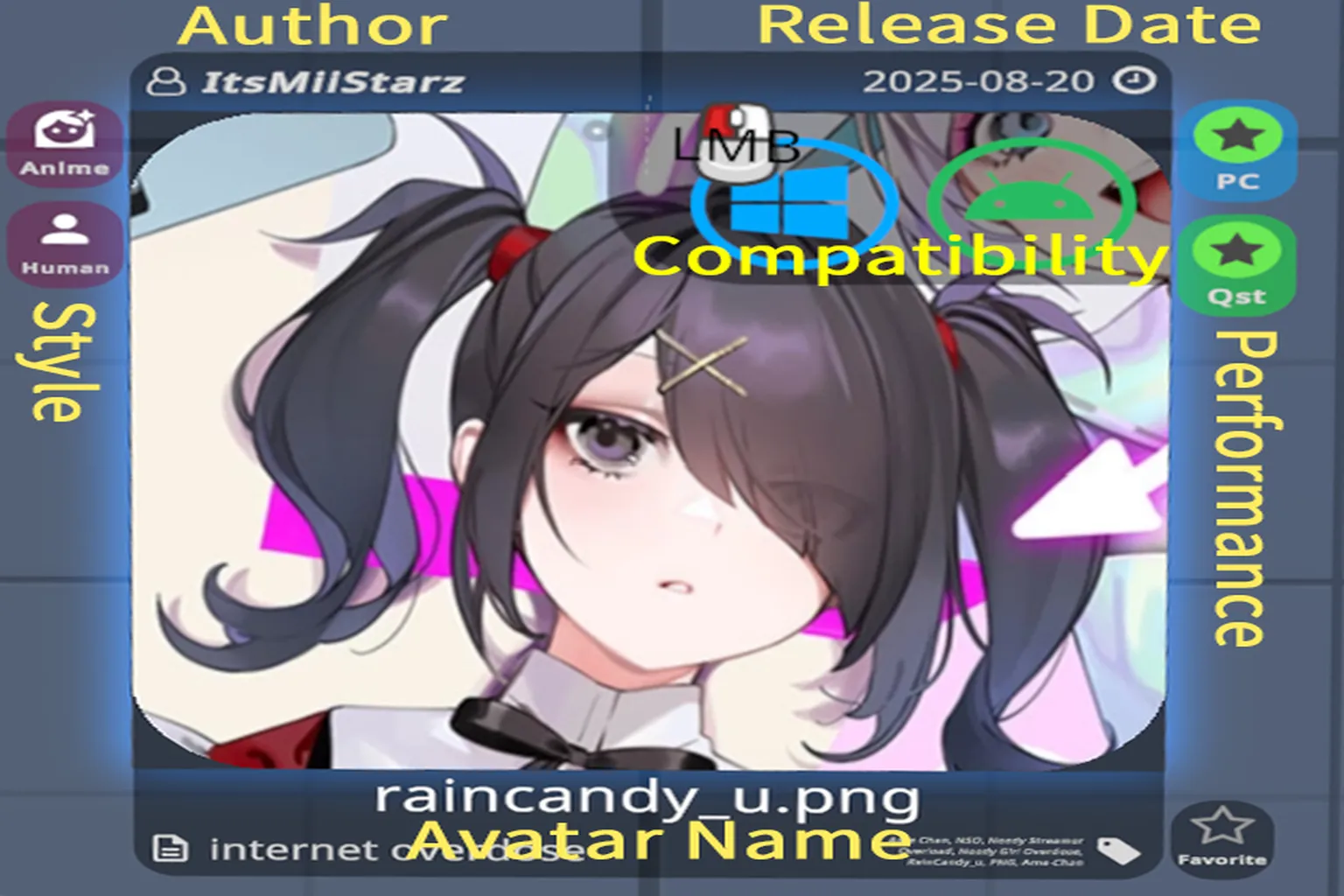 Prismic Avatar Search result displaying the avatar file raincandy_u.png marked as available for both PC and Android