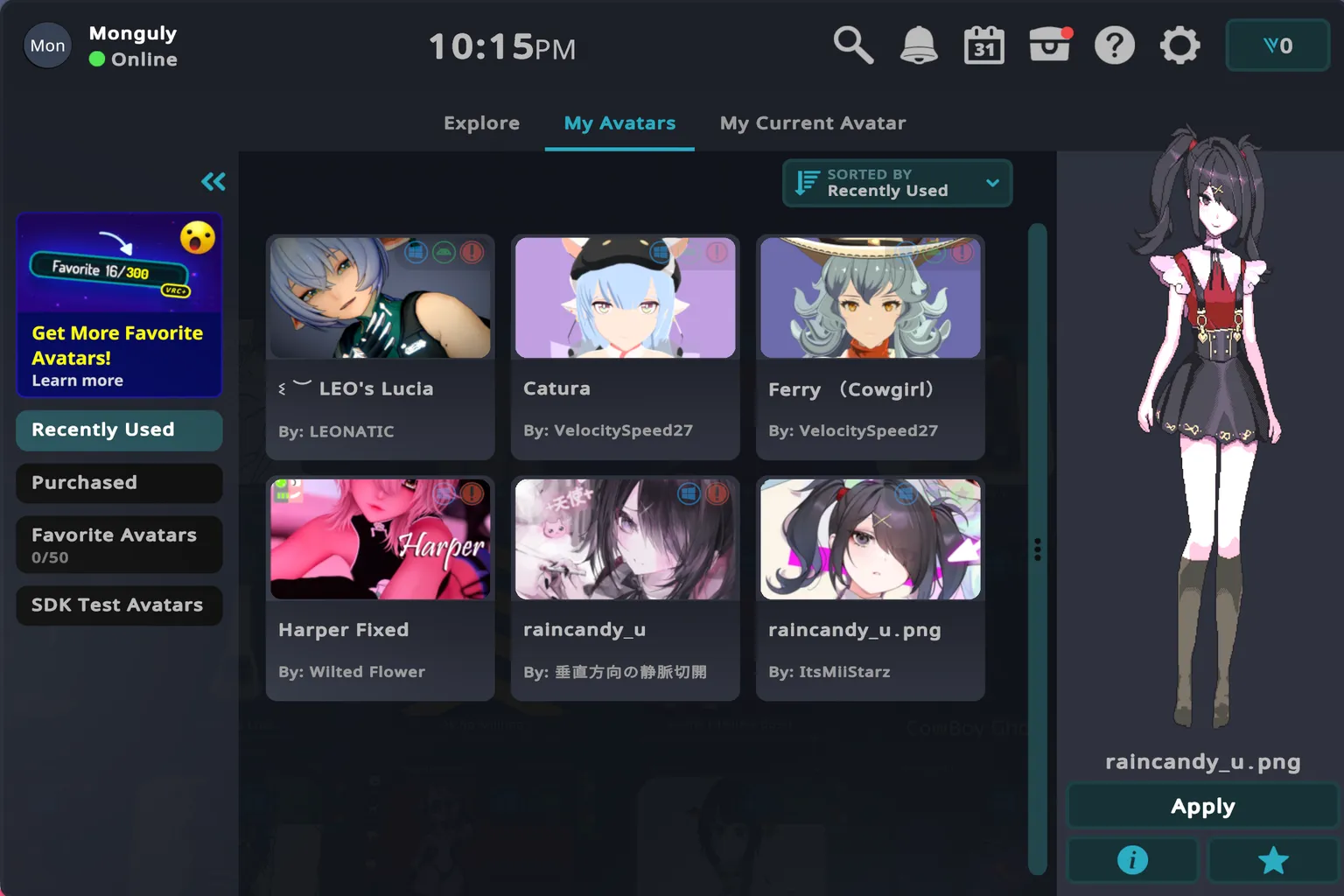 VRChat personal avatar library screen showing Raincandy, Kera, and multiple FNAF avatars available for switching