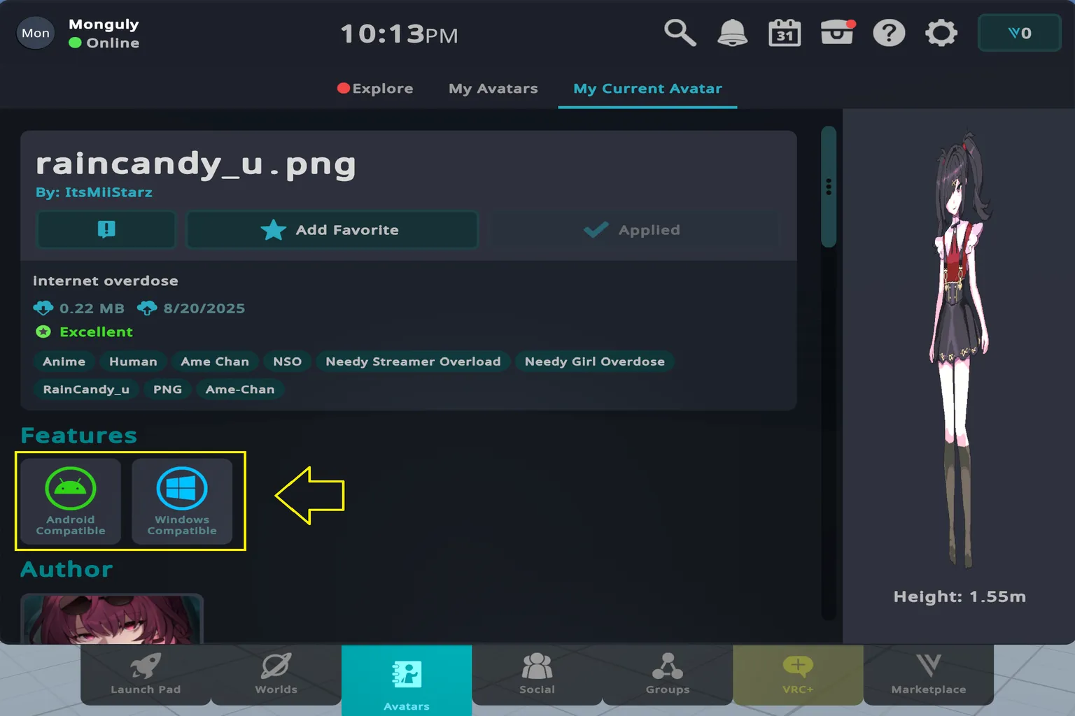 Raincandy avatar detail page showing creator ItsMilStarz with support for Android and Windows platforms