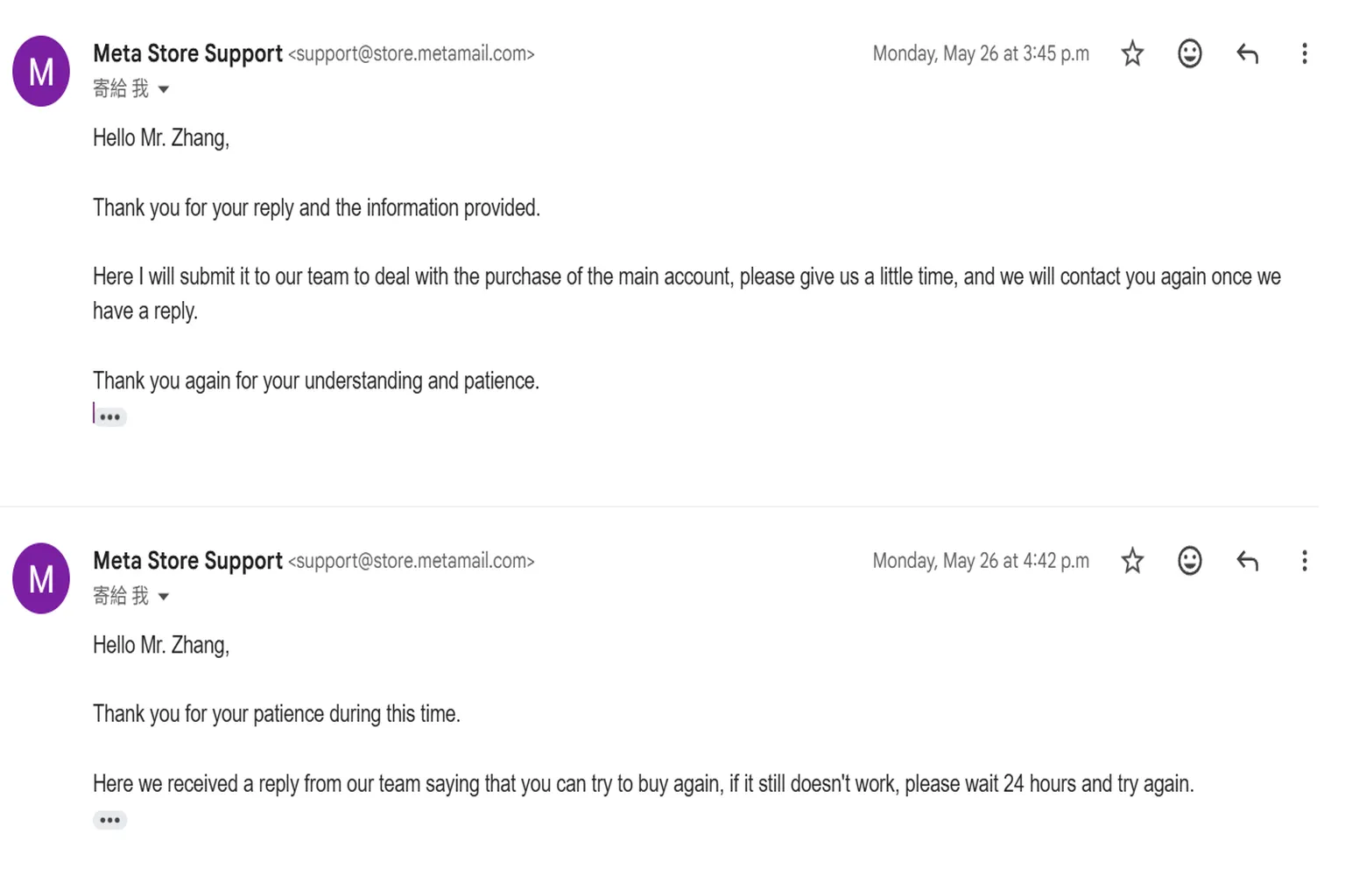 Standard reply from Meta Store Support explaining that the account purchase issue has been submitted to the internal team.