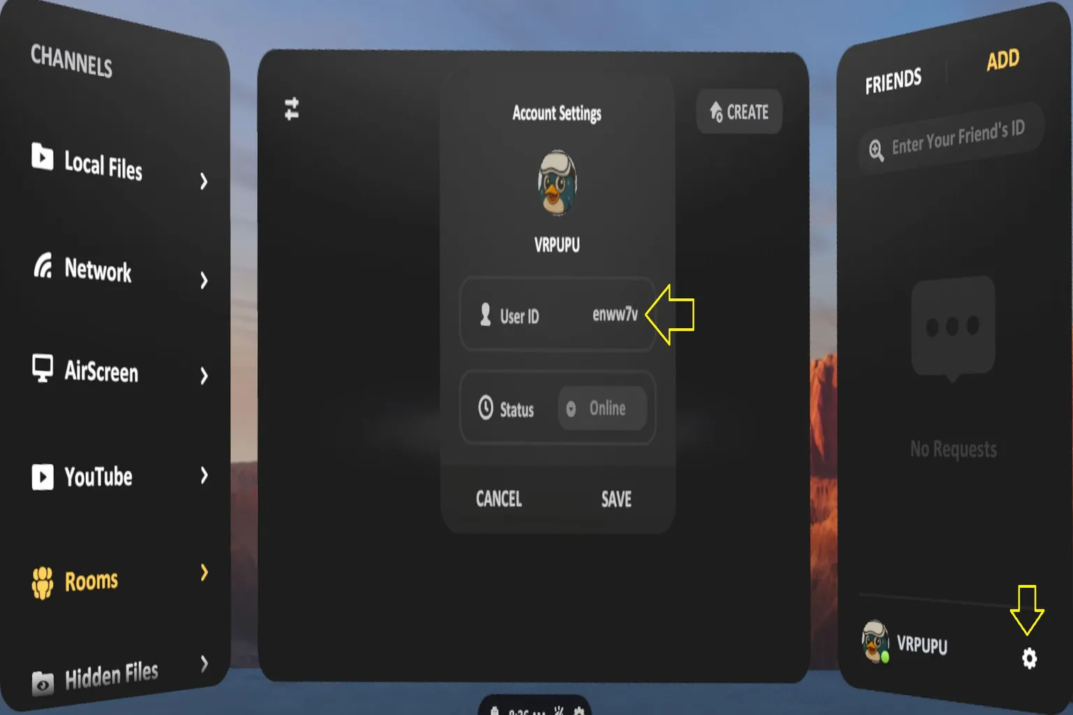 The account settings screen shows the user name, user ID, and online status.