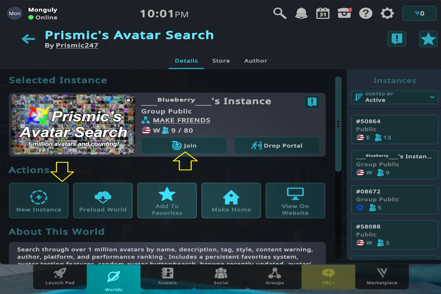 Prismic Avatar Search world lobby information displaying player count and group visibility settings