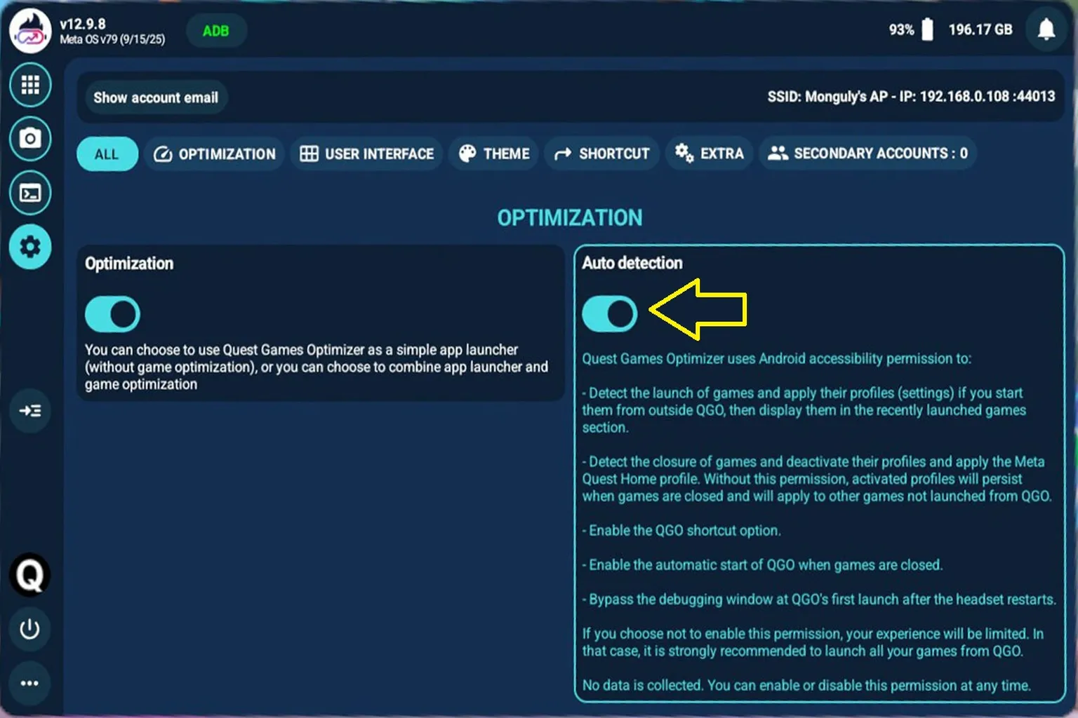 The Quest Games Optimizer screen showing the app running correctly with ADB successfully enabled.
